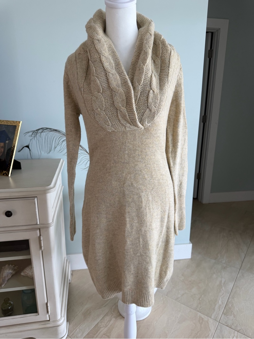 Women's Cable-Knit Shawl Collar Sweater Dress - Beige